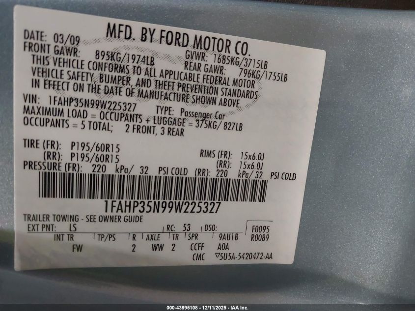 2009 Ford Focus Se VIN: 1FAHP35N99W225327 Lot: 43895108