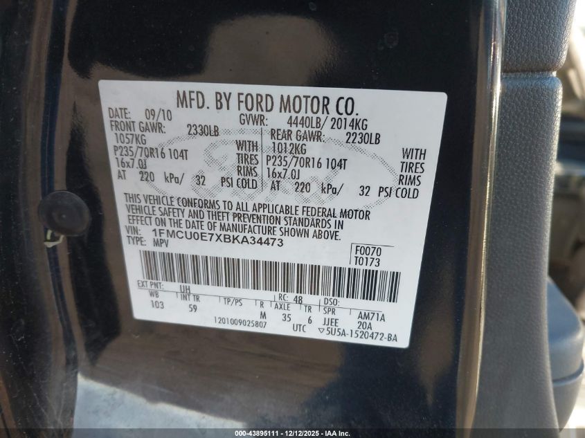 2011 Ford Escape Limited VIN: 1FMCU0E7XBKA34473 Lot: 43895111