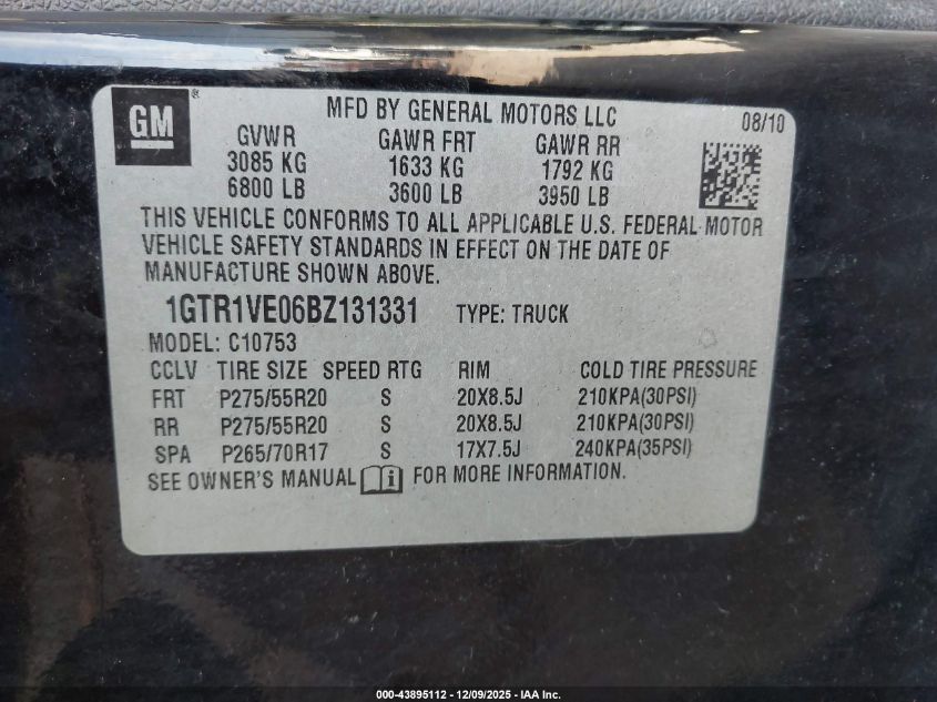 2011 GMC Sierra 1500 Sle VIN: 1GTR1VE06BZ131331 Lot: 43895112