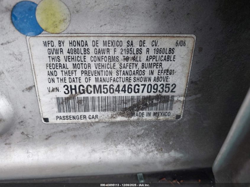 2006 Honda Accord 2.4 Lx VIN: 3HGCM56446G709352 Lot: 43895113