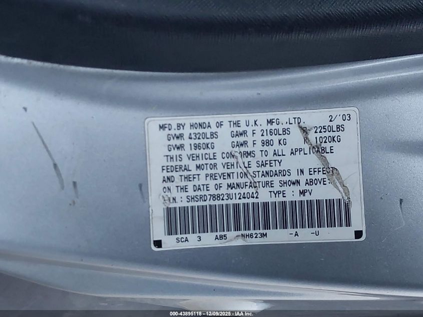 2003 Honda Cr-V Ex VIN: SHSRD78823U124042 Lot: 43895118