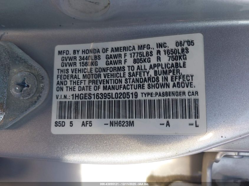 2005 Honda Civic Vp VIN: 1HGES16395L020519 Lot: 43895121
