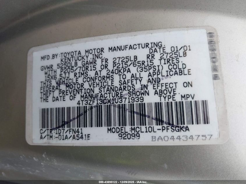 2003 Toyota Sienna Le VIN: 4T3ZF13C03U550106 Lot: 43895122