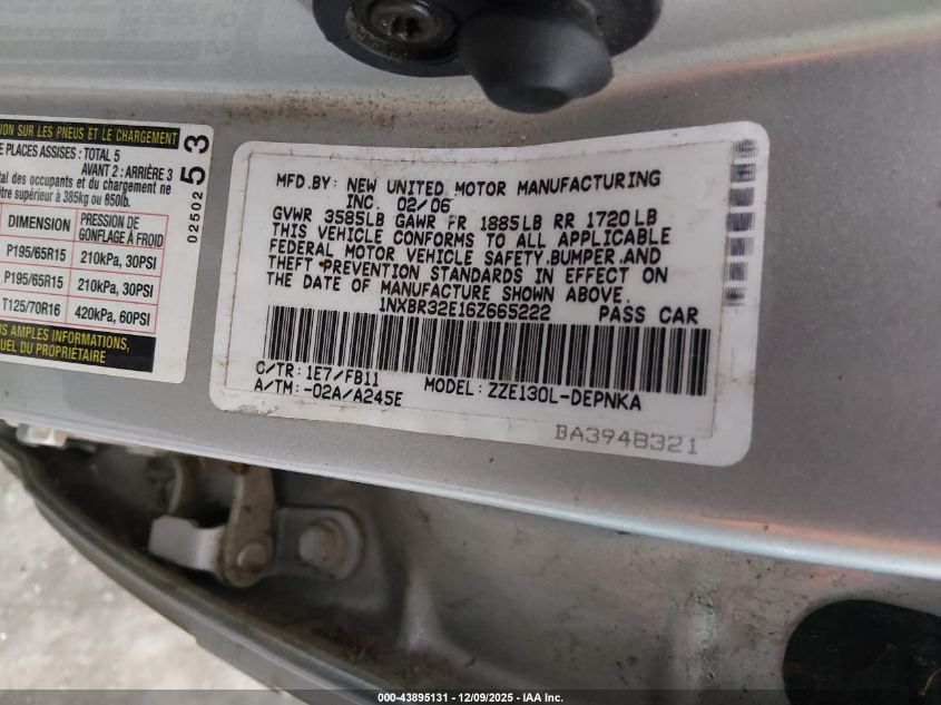 2006 Toyota Corolla Le VIN: 1NXBR32E16Z665222 Lot: 43895131