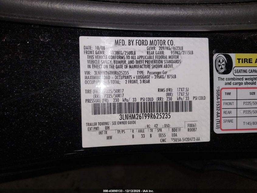 2009 Lincoln Mkz VIN: 3LNHM26T99R625235 Lot: 43895133