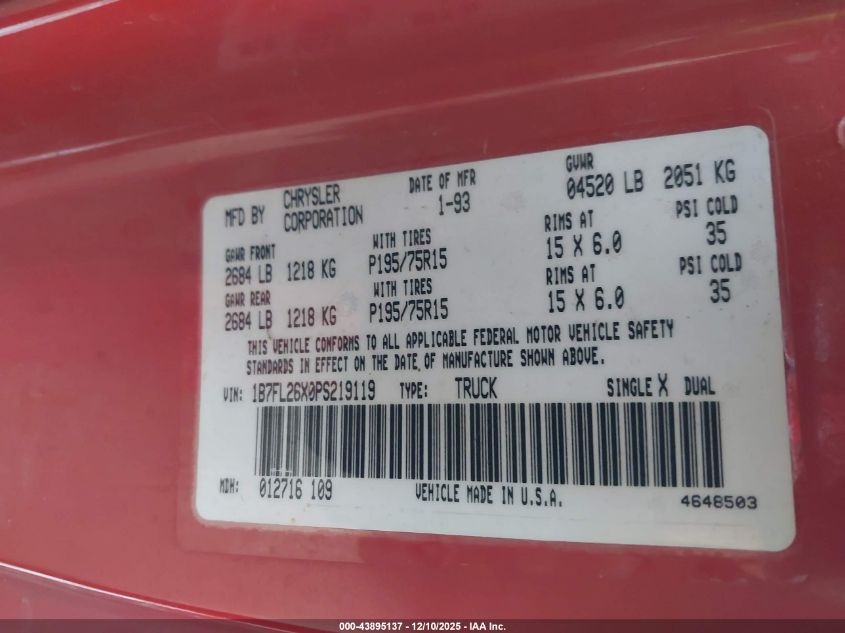 1993 Dodge Dakota VIN: 1B7FL26X0PS219119 Lot: 43895137