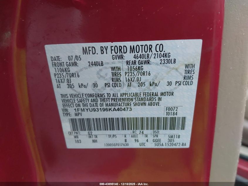 2006 Ford Escape Xlt/Xlt Sport VIN: 1FMYU93196KA40473 Lot: 43895140