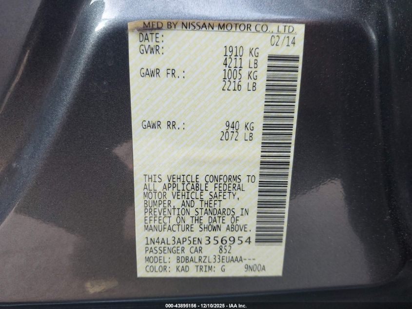 2014 Nissan Altima 2.5 S VIN: 1N4AL3AP5EN356954 Lot: 43895156