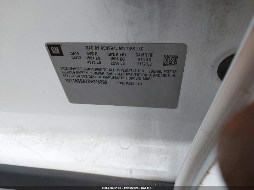 2013 Chevrolet Malibu 1Fl VIN: 1G11A5SA7DF313398 Lot: 43895158