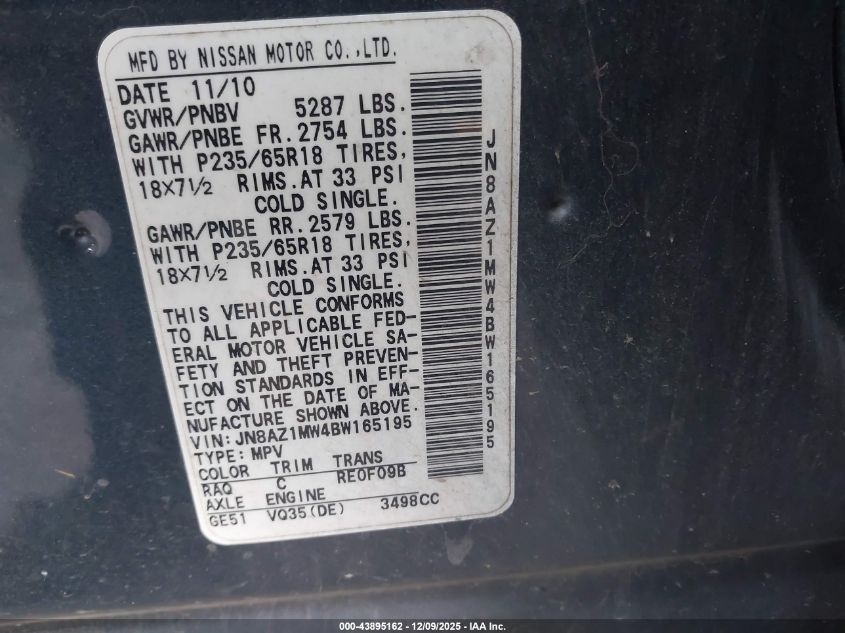 2011 Nissan Murano Sl VIN: JN8AZ1MW4BW165195 Lot: 43895162