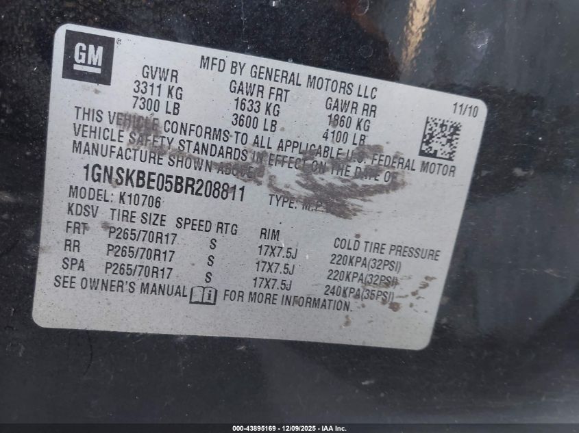 2011 Chevrolet Tahoe Lt VIN: 1GNSKBE05BR208811 Lot: 43895169