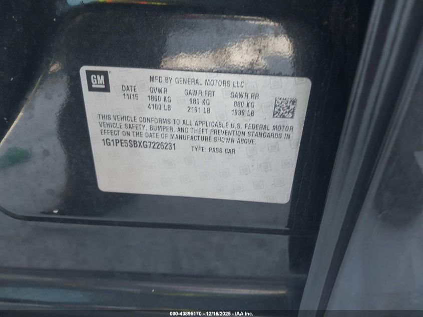 2016 Chevrolet Cruze Limited 1Lt Auto VIN: 1G1PE5SBXG7226231 Lot: 43895170