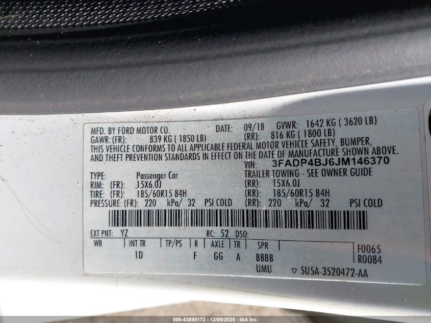 2018 Ford Fiesta Se VIN: 3FADP4BJ6JM146370 Lot: 43895172