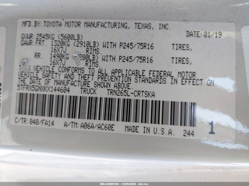 2019 Toyota Tacoma Sr VIN: 5TFRX5GNXKX144604 Lot: 43895180