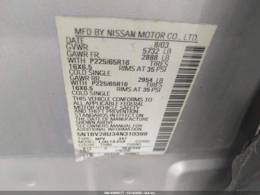 2004 Nissan Quest 3.5 Sl VIN: 5N1BV28U34N310399 Lot: 43895177