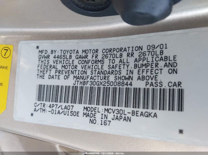 2002 Lexus Es 300 VIN: JTHBF30GX25008844 Lot: 43895185