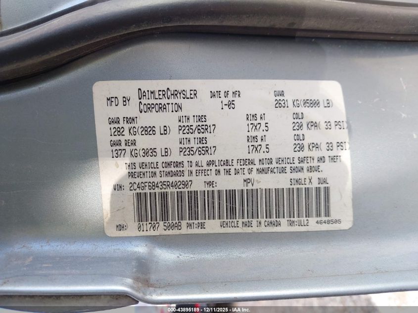 2005 Chrysler Pacifica Touring VIN: 2C4GF68435R402907 Lot: 43895189