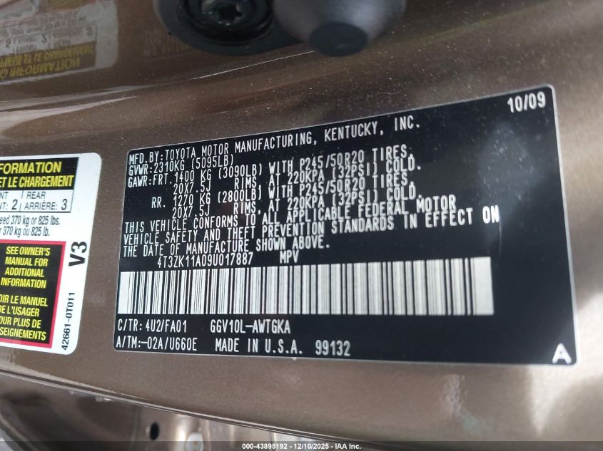 2009 Toyota Venza Base V6 VIN: 4T3ZK11A09U017887 Lot: 43895192