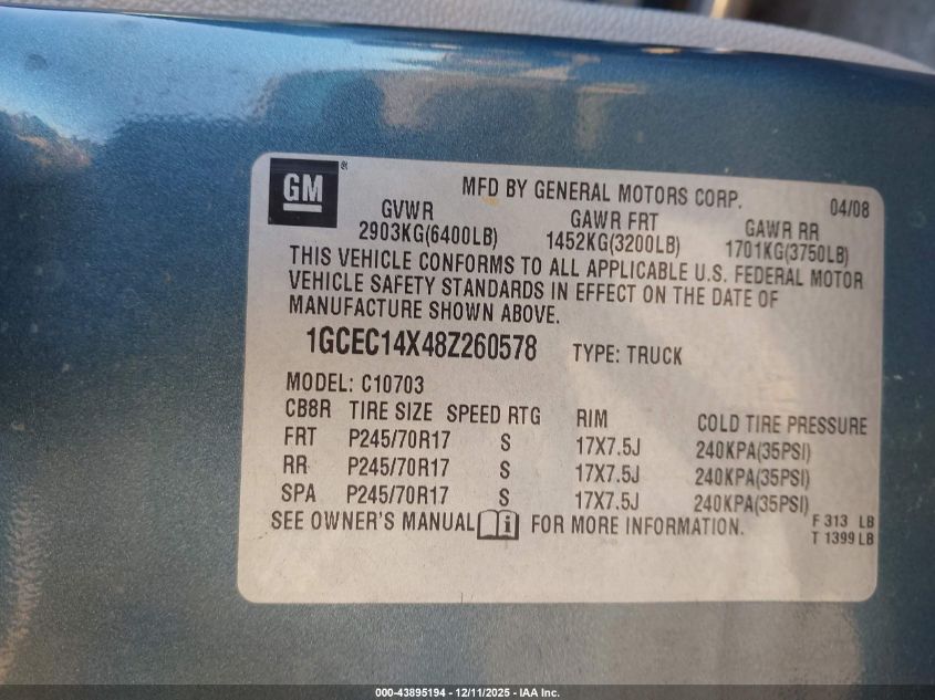 2008 Chevrolet Silverado 1500 Work Truck VIN: 1GCEC14X48Z260578 Lot: 43895194