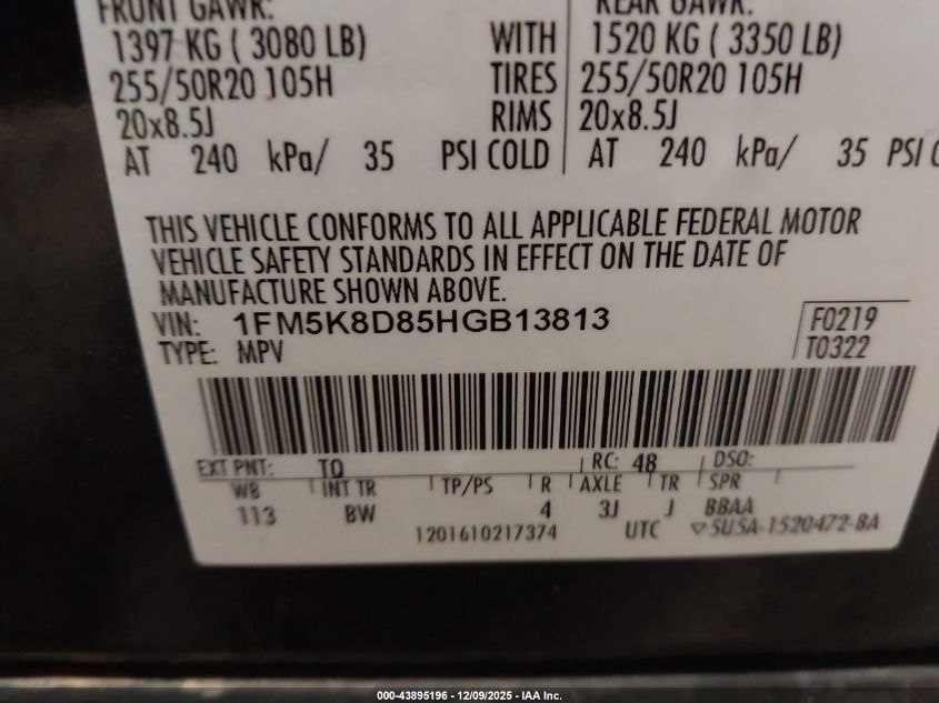 2017 Ford Explorer Xlt VIN: 1FM5K8D85HGB13813 Lot: 43895196