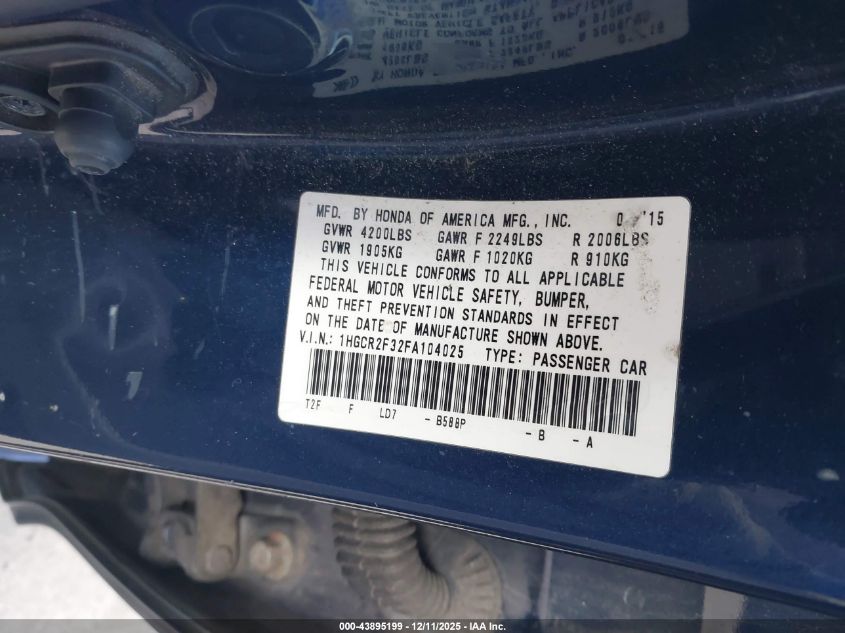 2015 Honda Accord Lx VIN: 1HGCR2F32FA104025 Lot: 43895199