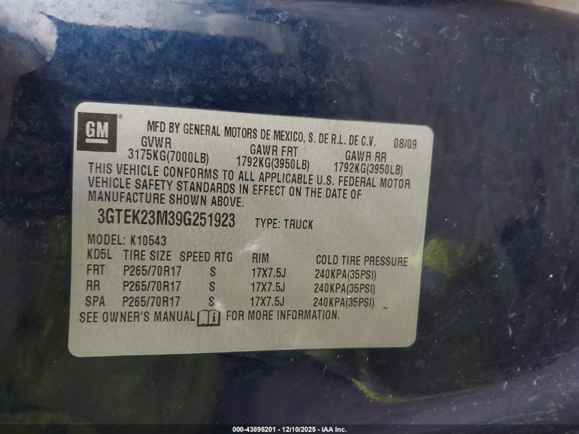 2009 GMC Sierra 1500 Sle VIN: 3GTEK23M39G251923 Lot: 43895201