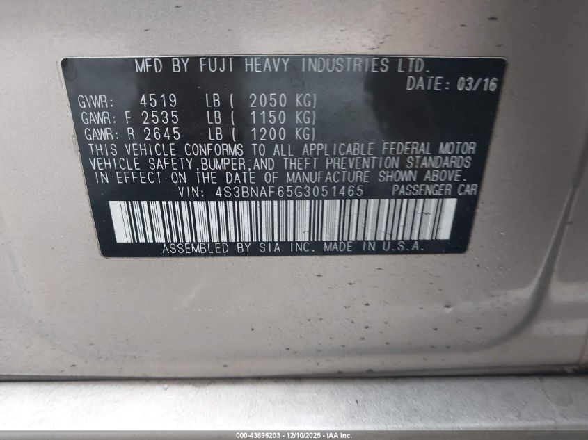 2016 Subaru Legacy 2.5I Premium VIN: 4S3BNAF65G3051465 Lot: 43895203