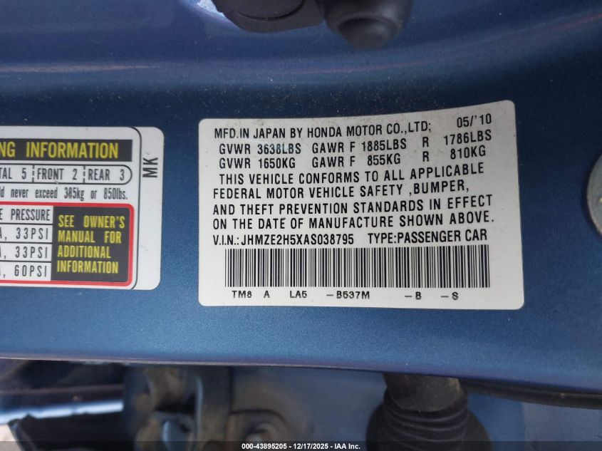 2010 Honda Insight Lx VIN: JHMZE2H5XAS038795 Lot: 43895205