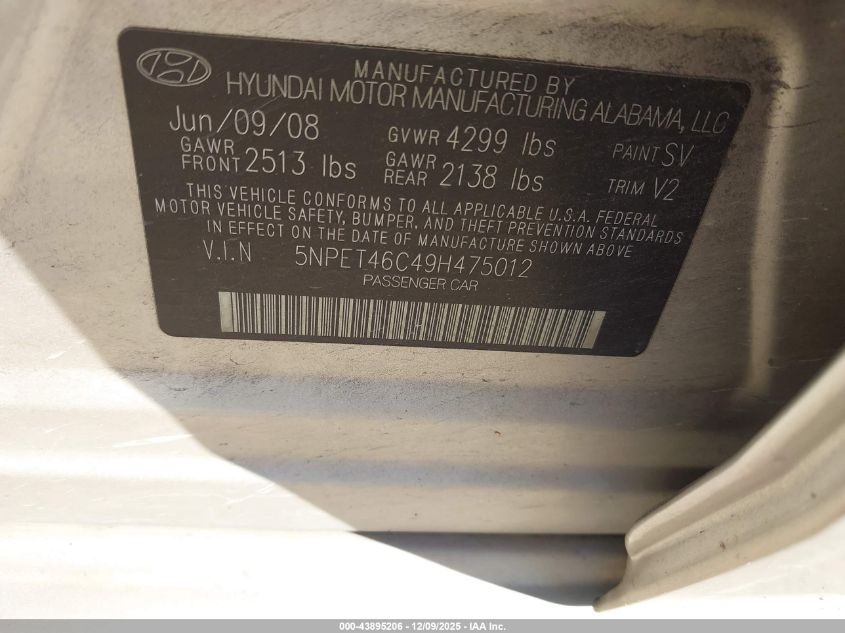 2009 Hyundai Sonata Gls VIN: 5NPET46C49H475012 Lot: 43895206