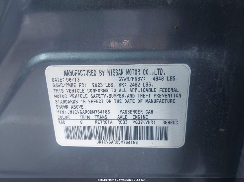 2013 Infiniti G37X VIN: JN1CV6AR0DM764186 Lot: 43895211