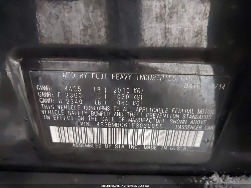 2014 Subaru Legacy 2.5I Premium VIN: 4S3BMBC61E3030655 Lot: 43895216