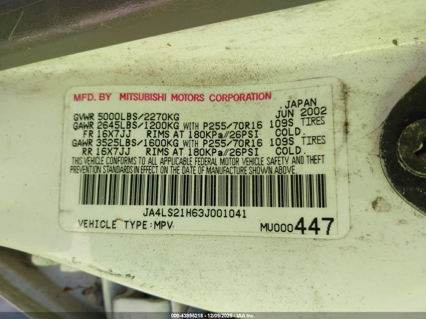 2003 Mitsubishi Montero Sport Es/Ls VIN: JA4LS21H63J001041 Lot: 43895218