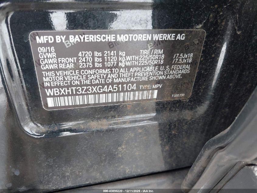 2016 BMW X1 xDrive28I VIN: WBXHT3Z3XG4A51104 Lot: 43895220