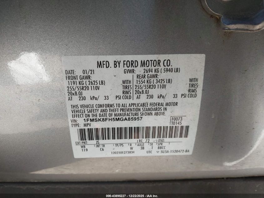 2021 Ford Explorer Limited VIN: 1FMSK8FH5MGA85957 Lot: 43895227