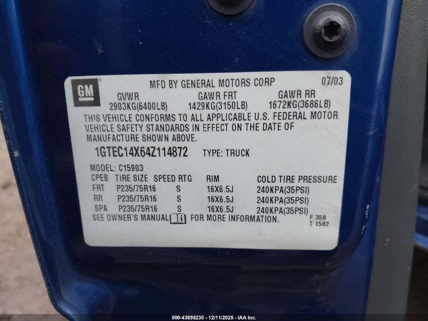 2004 GMC Sierra 1500 Work Truck VIN: 1GTEC14X64Z114872 Lot: 43895230