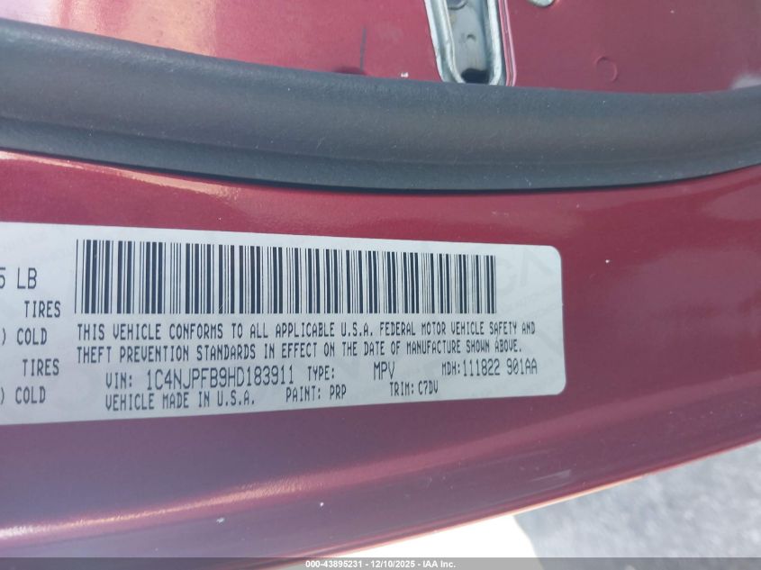 2017 Jeep Patriot Latitude Fwd VIN: 1C4NJPFB9HD183911 Lot: 43895231