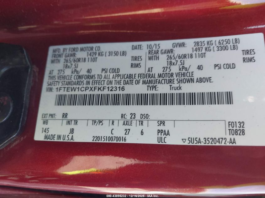 2015 Ford F-150 Xlt VIN: 1FTEW1CPXFKF12316 Lot: 43895232