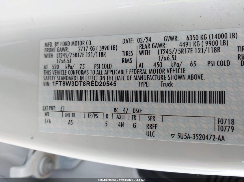 2024 Ford F-350 Xl VIN: 1FT8W3DT8RED20545 Lot: 43895237