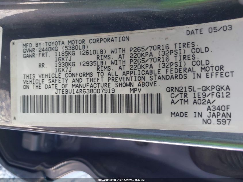 2003 Toyota 4Runner Sr5 V6 VIN: JTEBU14R638007919 Lot: 43895238