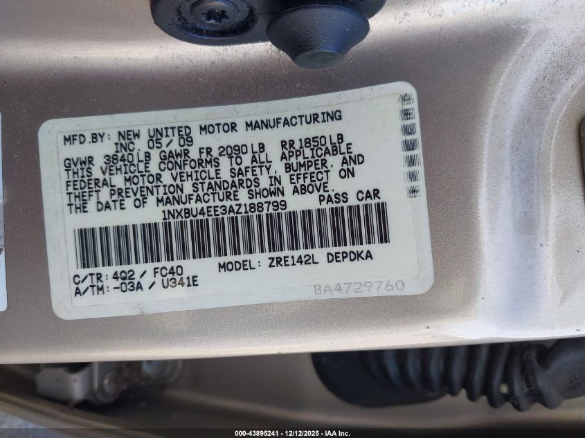 2010 Toyota Corolla Le VIN: 1NXBU4EE3AZ188799 Lot: 43895241