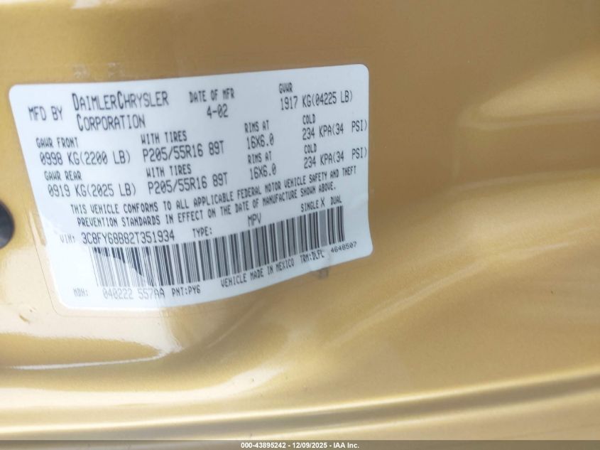 2002 Chrysler Pt Cruiser Limited VIN: 3C8FY68B82T351934 Lot: 43895242