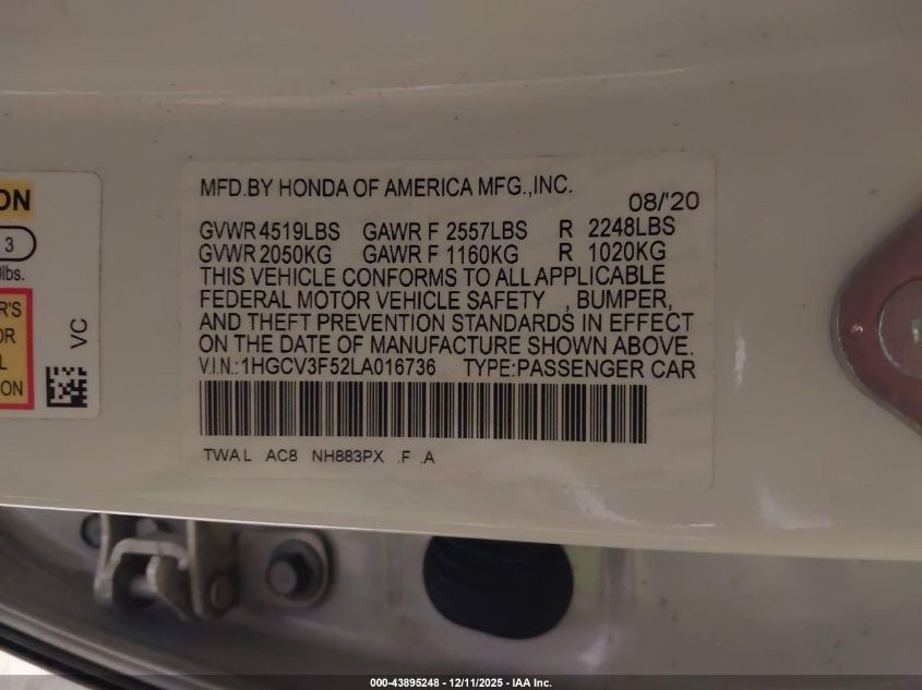 2020 Honda Accord Hybrid Ex-L VIN: 1HGCV3F52LA016736 Lot: 43895248