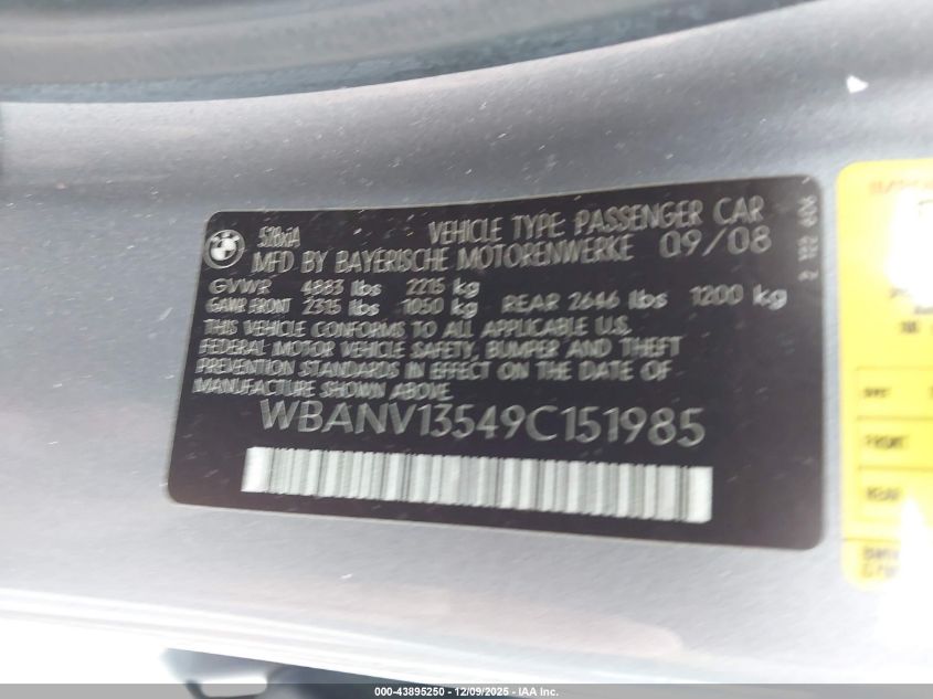 2009 BMW 528I xDrive VIN: WBANV13549C151985 Lot: 43895250