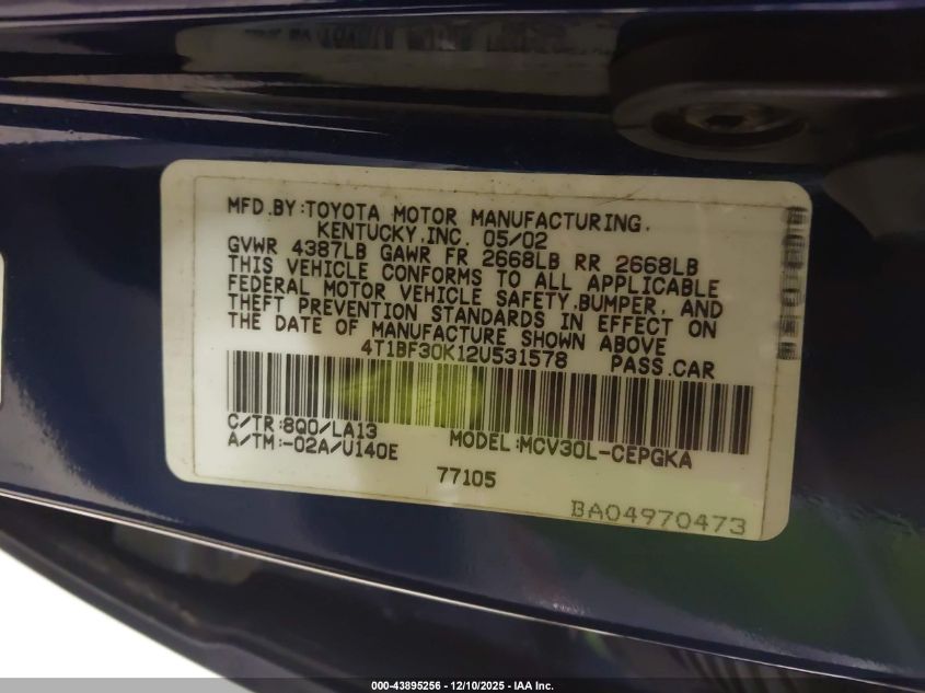 2002 Toyota Camry Xle V6 VIN: 4T1BF30K12U531578 Lot: 43895256