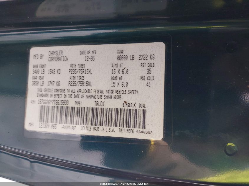 1996 Dodge Dakota VIN: 1B7GG26Y7TS615933 Lot: 43895257