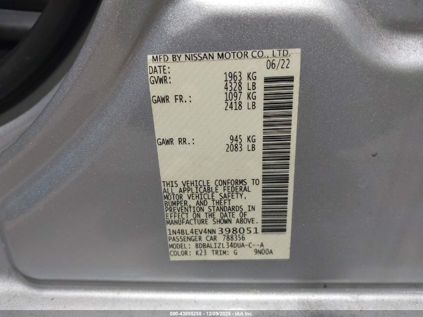 2022 Nissan Altima 2.5 Sl VIN: 1N4BL4EV4NN398051 Lot: 43895258