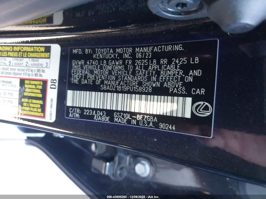 2023 Lexus Es 350 VIN: 58ADZ1B19PU158928 Lot: 43895260