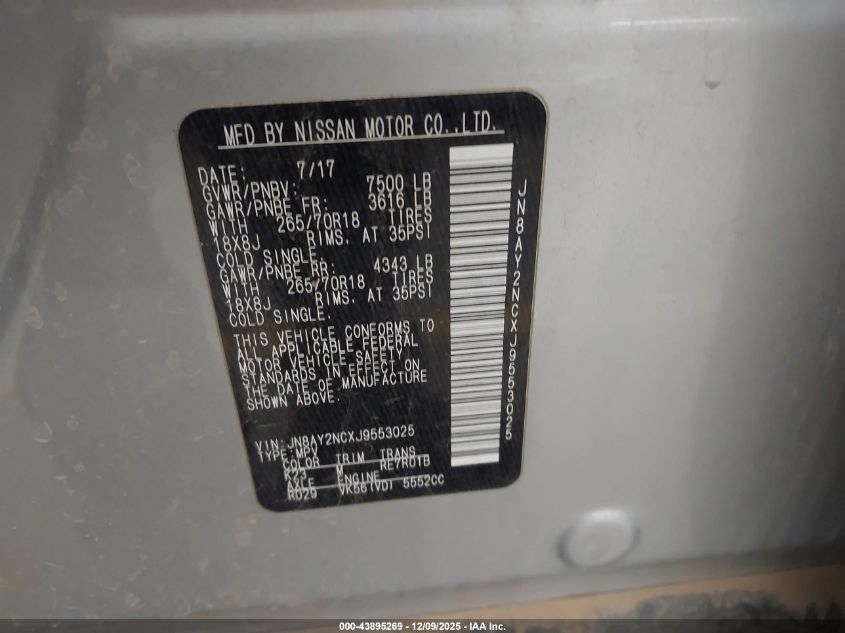 2018 Nissan Armada Sv VIN: JN8AY2NCXJ9553025 Lot: 43895269