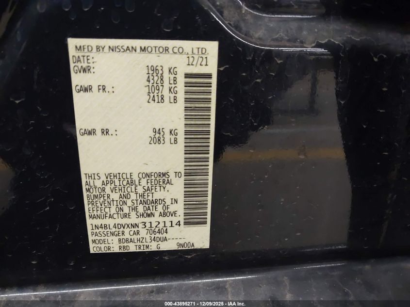 2022 Nissan Altima Sv Fwd VIN: 1N4BL4DVXNN312114 Lot: 43895271