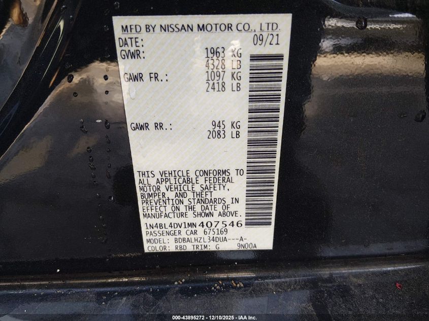 2021 Nissan Altima Sv Fwd VIN: 1N4BL4DV1MN407546 Lot: 43895272